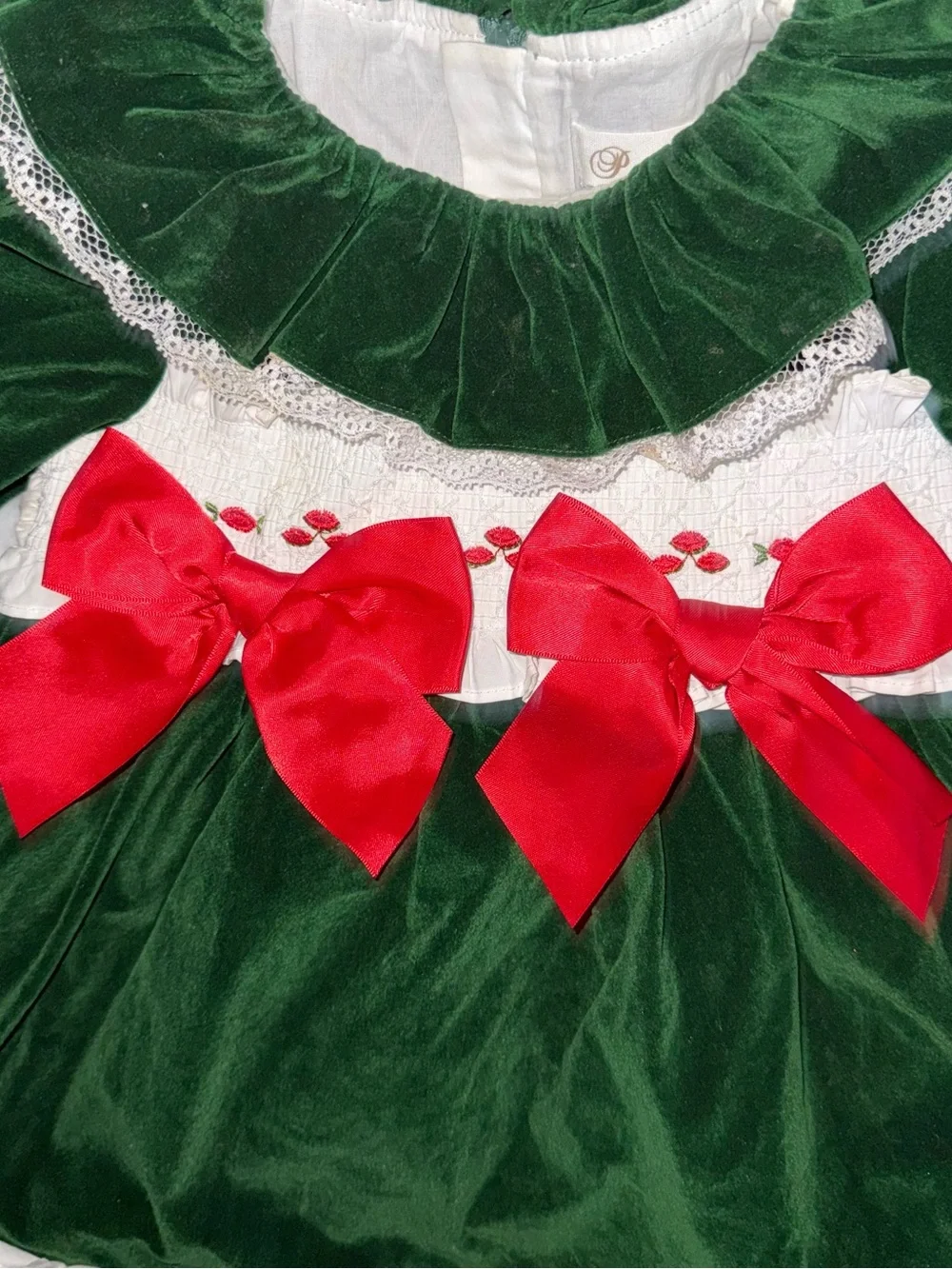 Vintage Green Velvet Holiday Dress with Red Bows